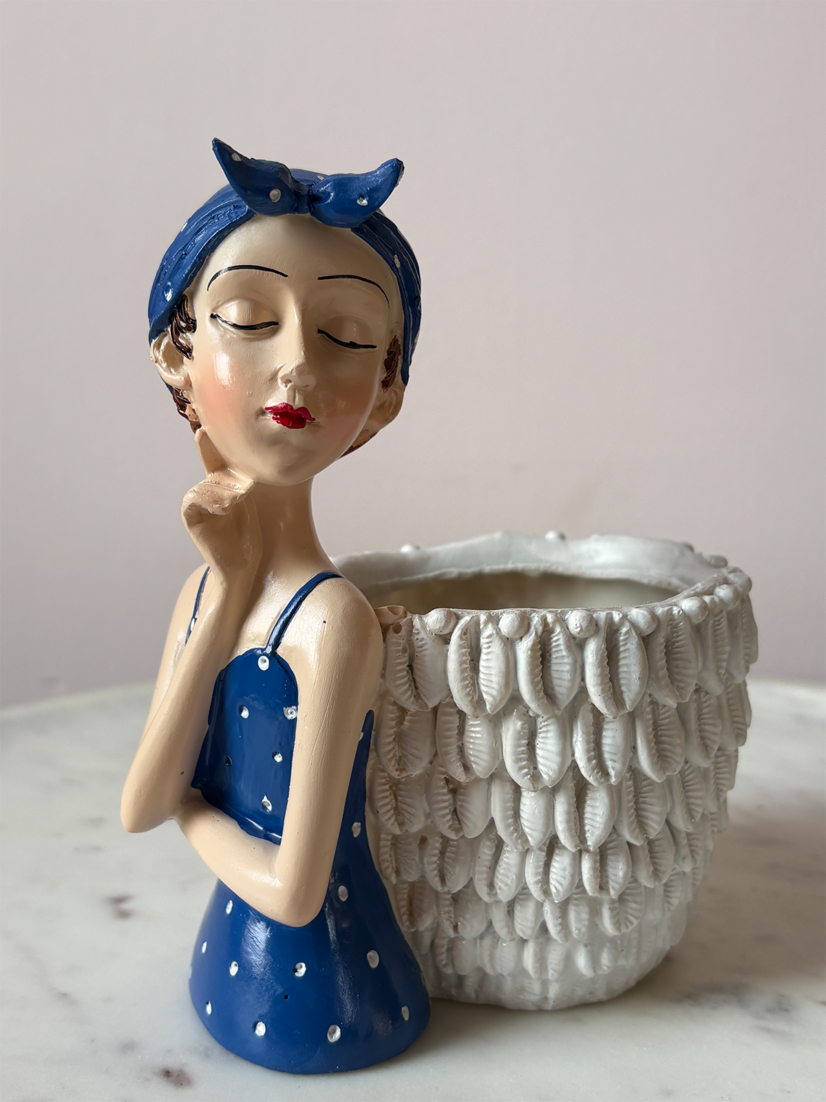 Blue Bow Lady Resin Planter